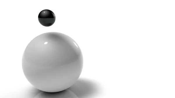 白い反射の背景に白いボールの3Dイラスト。異なるサイズのボールは、異なる方向に転がされます。被写界深度を持つ背景およびデスクトップ 3D レンダリング用の未来的なイメージ — ストック写真