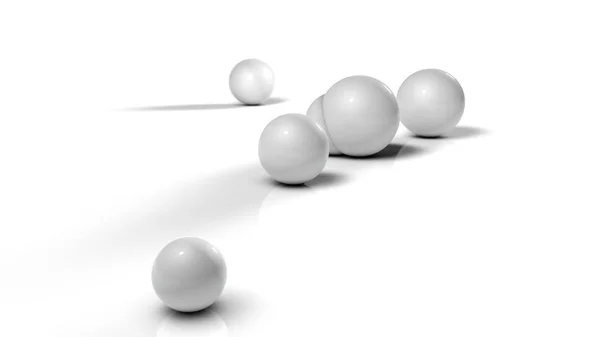 Illustrazione 3D di palline bianche su sfondo bianco riflettente. Palle di diverse dimensioni sono rotolati in direzioni diverse. Immagine futuristica per il rendering 3D di sfondo e desktop con profondità di campo — Foto Stock