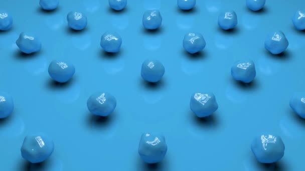 青い表面上の青色の液体滴のセットの3Dアニメーション — ストック動画