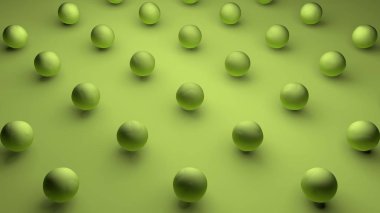 Yeşil mat arka plan üzerinde dalgalı bir yüzeye sahip yeşil küresel nesnelerin bir dizi 3d render. Masaüstü arka planı için görüntü. Fütüristik tasarımın soyut, 3d illüstrasyonu.
