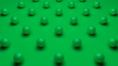 Yeşil mat arka plan üzerinde dalgalı bir yüzeye sahip yeşil küresel nesnelerin bir dizi 3d render. Masaüstü arka planı için görüntü. Fütüristik tasarımın soyut, 3d illüstrasyonu.