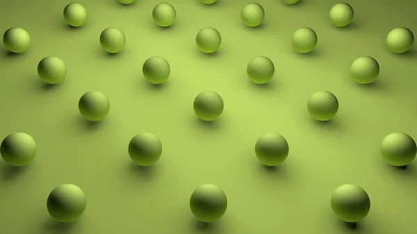 Representación en 3D de un conjunto de objetos esféricos verdes con una superficie ondulada sobre un fondo verde mate. Imagen para el fondo del escritorio. Resumen, ilustración 3D del diseño futurista . — Foto de Stock