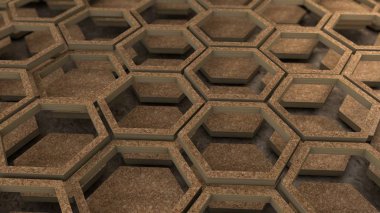 Eksen boyunca açılan ahşap altıgenler kümesinin 3 boyutlu illüstrasyonu. Masaüstü için arka plan soyut görüntü, Duvar Kağıdı, aynı ahşap ürünlerin geometrik kompozisyon. 3d render