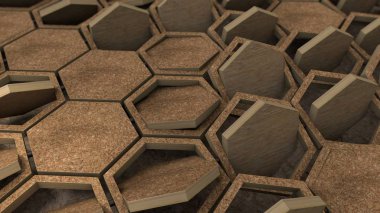 Ahşap çerçeveler ahşap altıgenler düzinelerce 3d render. Geometrik şekiller farklı konumlara yerleştirilir. Soyut masaüstü arka plan, geometrik stil arka plan görüntüsü.