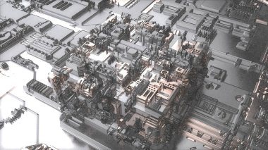 Elektronik birçok unsuru ile bir küp 3d render. Mekan tarzında fütüristik bir arka plan görüntüsü. Ai geliştirme fikri. Ağartılmış fütüristik görüntü