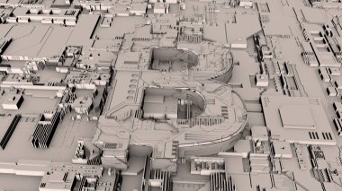 Beyaz bir yüzeyüzerinde bitcoin kriptopara sembolünün 3d render. Sembol ve yüzey birçok fütüristik elemanları, uzay tasarımı ile kaplıdır. Masaüstü için 3d illüstrasyon.