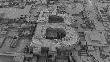 Bitcoin kripto para birimi sembolünün bitmemiş 3d render. Görüntü stilize, siyah ve beyaz gürültü, piksel bir sürü ile. Fütüristik, soyut çizim, arka plan, kompozisyonlar için eleman.