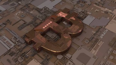 Birçok elektrik bileşenlerinin arka planına karşı bitcoin kriptopara sembolünün 3d render. Masaüstü ve kriptopara temalı kompozisyonlar için fütüristik, soyut arka plan görüntüsü.