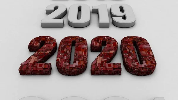 Renderización 3D de la fecha 2020. El texto rojo está equipado con una variedad de elementos tecnológicos de electrónica, chips y semiconductores. La idea de un calendario sobre el tema del desarrollo tecnológico . —  Fotos de Stock