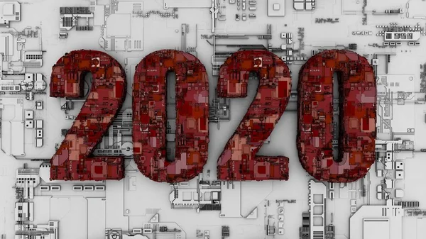 Perilisan 3D tahun 2020 tanggal. Teks merah dilengkapi dengan berbagai unsur teknologi elektronik, chip dan semikonduktor. Ide untuk kalender pada tema pengembangan teknologi . — Stok Foto