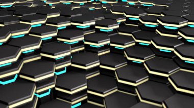 Birçok parlayan altıgenlerin soyut 3d yüzey arka plan. 3d render, fütüristik tasarım, arka plan bulanıklığı ile illüstrasyon. Masaüstü arka plan için görüntü, telefonlar ve tabletler için ekran koruyucular.