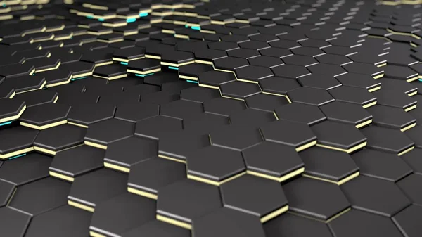 3D rendering of a surface consisting of many hexagons. Background image with blurring depth of field, for screensavers on the desktop of your computer, phone or tablet. Abstraction geometry — Stock Photo, Image