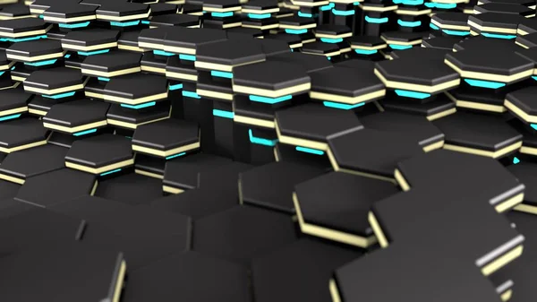 Representación 3D de una superficie que consta de muchos hexágonos. Imagen de fondo con profundidad de campo borrosa, para salvapantallas en el escritorio de su computadora, teléfono o tableta. Geometría de abstracción —  Fotos de Stock