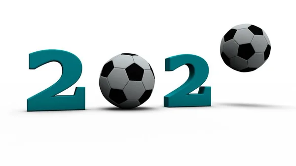 Representación 3D del símbolo de 2020 nuevo año que tiene balones de fútbol en lugar de ceros. La idea de desarrollar el deporte, el futuro de un estilo de vida saludable. Ilustración 3D para calendarios deportivos 2020 —  Fotos de Stock