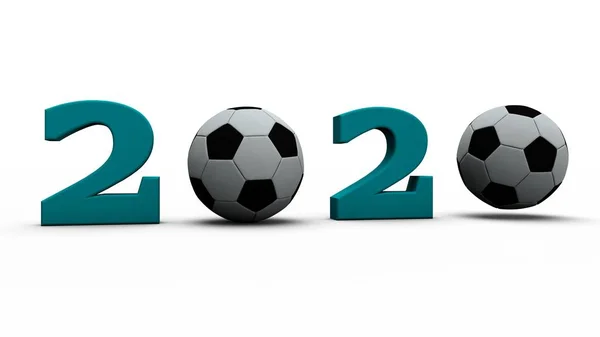 Rendu 3D du symbole de 2020 nouvelle année qui a des ballons de football au lieu de zéros. L'idée de développer le sport, l'avenir d'un mode de vie sain. Illustration 3D pour calendriers sportifs 2020 — Photo