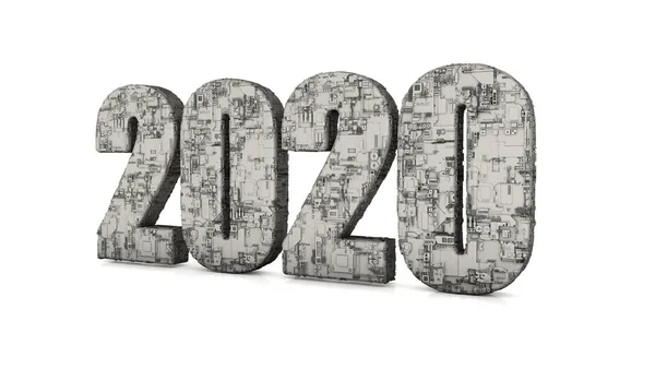 Renderización 3D de 2020 nuevo año símbolo de texto aislado sobre fondo blanco. Ilustración de texto en 3D con superficie tecnológica, la idea de desarrollo y progreso, tecnologías científicas del futuro . —  Fotos de Stock