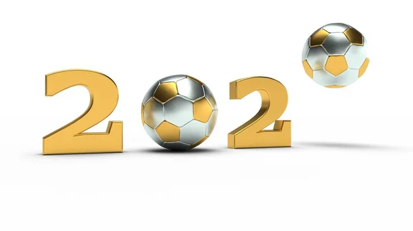 새해 2020의 날짜에 대신 제로의 골든 축구의 3D 그림. 스포츠 캘린더의 축제 구성, 흰색 배경에서 격리된 3D 렌더링. — 스톡 사진
