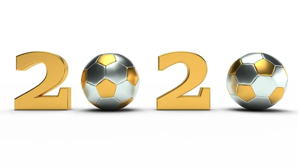 Ilustración 3D de balones de fútbol de oro en lugar de ceros en la fecha de El nuevo año 2020. Composición festiva para calendarios deportivos, representación 3D aislada sobre un fondo blanco . —  Fotos de Stock
