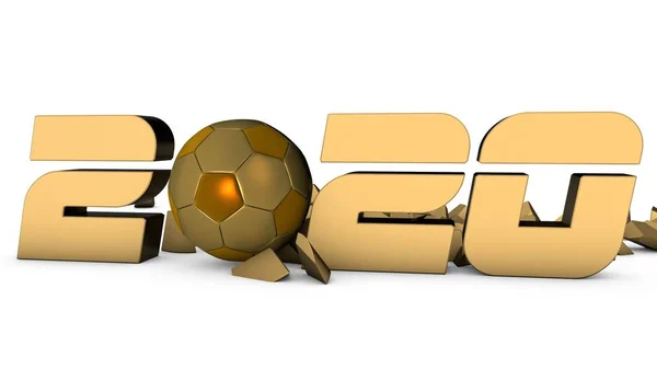 3D εικονογράφηση Χρυσής μπάλας ποδιού αντί μηδενικών κατά την ημερομηνία του νέου έτους 2020. Εορταστική σύνθεση για αθλητικά ημερολόγια, 3D απόδοση απομονώνεται σε λευκό φόντο. — Φωτογραφία Αρχείου
