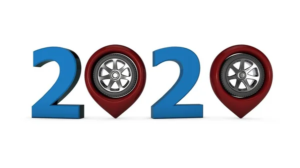 3D σύνθεση για το νέο έτος ημερολόγια 2020 μεταφορών αθλητικό θέμα. 3D απόδοση του συμβόλου 2020 με καρφίτσες πλοήγησης GPS και τροχούς αυτοκινήτων αντί για μηδενικά. Απομονωμένη σε λευκό φόντο — Φωτογραφία Αρχείου