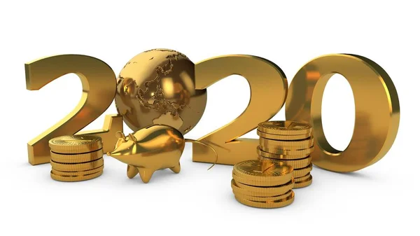 Ilustración 3D de la fecha 2020 nuevo año del texto Dorado y el planeta Dorado Tierra con monedas de oro y una alcancía de oro en forma de ratón. Representación 3D de la riqueza y la prosperidad . —  Fotos de Stock