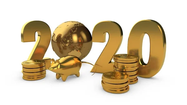 Ilustración 3D de la fecha 2020 nuevo año del texto Dorado y el planeta Dorado Tierra con monedas de oro y una alcancía de oro en forma de ratón. Representación 3D de la riqueza y la prosperidad . — Foto de Stock
