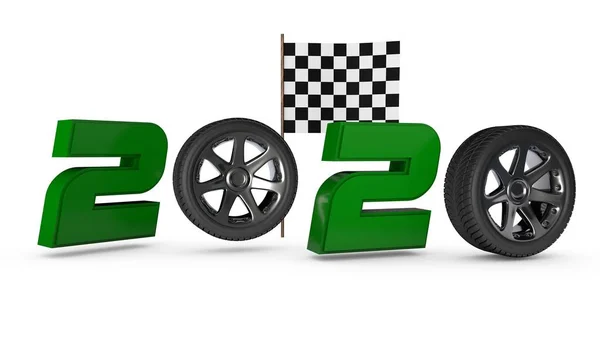 Yeni yıl 2020 tarih 3d render. Sıfıryerine, araba tekerlekleri ve bitiş bayrağı arka plandadır. Yeni bir başarı fikri, yeni yılda bir rekor. Spor takvimleri için kompozisyon. — Stok fotoğraf