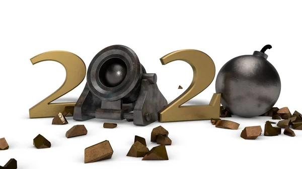3D ilustrace datum 2020 s minometkou, starožitným puškou místo nuly a krunýřem s pojistkou. Představa četných válek, vojenských hrozeb, nebezpečí. prostorové vykreslování izolovaného modelu na bílém pozadí. — Stock fotografie