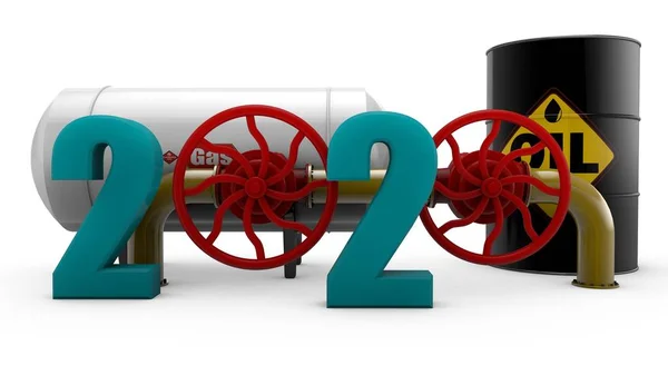 3D απεικόνιση της 2020 νέας ημερομηνίας έτους που σχηματίζεται από αριθμούς και δύο βαλβίδες στον αγωγό αερίου. Στο παρασκήνιο, ένα βαρέλι με πετρέλαιο και ένα ντεπόζιτο βενζίνης. 3D απόδοση απομονωμένη σε λευκό φόντο. — Φωτογραφία Αρχείου