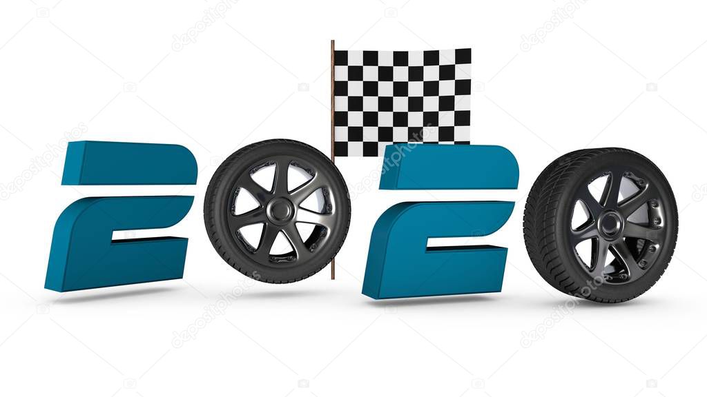 3D illustration of the date 2020. The composition is formed by text and car wheels. In the background, the finish flag. 3D rendering for sports and automotive calendars.