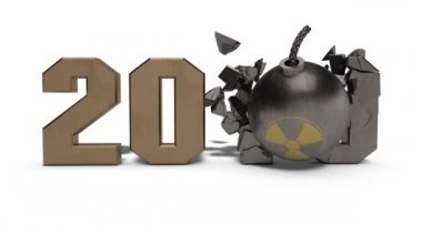 Bir radyasyon sembolü ve eğitim tarihi 2020 yeni yıl ile 2019 eski bomba imha tarihi 3d animasyon.