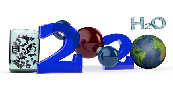 3Dアニメーションの日付2020年水分子と回転惑星地球によって形成された新年 動いている水分子を持つガラスの近く — ストック動画