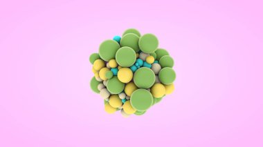 Farklı renk ve boyutlarda pek çok küçük topun 3D görüntülenmesi. Soyut kompozisyon, mutluluk ve neşe fikri, geometrik şekiller mükemmel bir etkileşim içinde. Neşe molekülü.