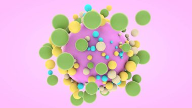 Büyük mor bir kürenin 3D görüntüsü ve etrafında bir sürü küçük renkli top. İdeal geometrik bileşimin görüntüsü, mutluluğun moleküler yapısı. Soyutlama, geleceksel tasarım.