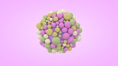 Farklı renk ve boyutlarda pek çok küçük topun 3D görüntülenmesi. Soyut kompozisyon, mutluluk ve neşe fikri, geometrik şekiller mükemmel bir etkileşim içinde. Neşe molekülü.