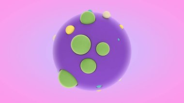 Yüzeye bastırılmış küçük renkli topları olan büyük mor bir kürenin 3 boyutlu görüntüsü. Soyut geometrik kompozisyonun 3 boyutlu yansıması. Arkaplan resimleri ve masaüstü ekran koruyucuları için fikir.