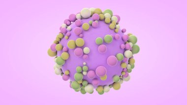 Büyük mor bir kürenin 3D görüntüsü ve etrafında bir sürü küçük renkli top. İdeal geometrik bileşimin görüntüsü, mutluluğun moleküler yapısı. Soyutlama, geleceksel tasarım.
