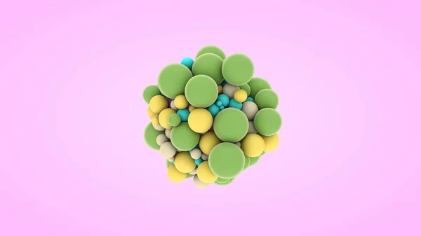 3D рендеринг многих маленьких шаров различных цветов и размеров. Абстрактная композиция, идея счастья и радости, геометрические формы в идеальном взаимодействии. Молекула радости . — стоковое фото
