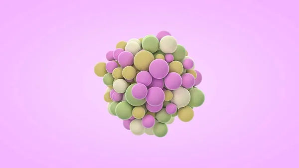 Rendu 3D de nombreuses petites boules de différentes couleurs et tailles. Composition abstraite, idée de bonheur et de joie, formes géométriques en interaction parfaite. La molécule de la joie . — Photo