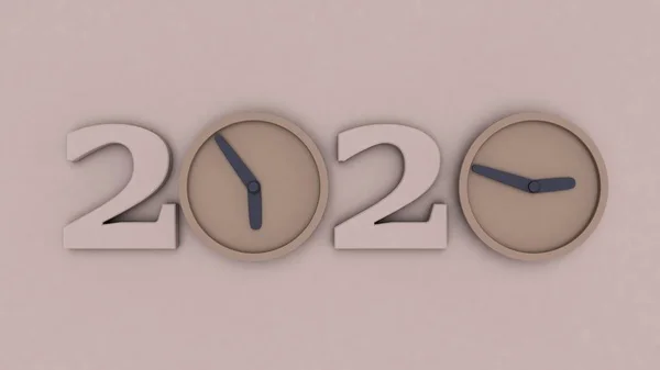 Immagine 3D della data 2020 nuovo anno composto dal numero di cerchi, ore invece di zeri. rendering 3D del calendario, canzoni di Natale . — Foto Stock