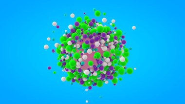 3D rengarenk toplar, büyük bir topun etrafında küçük küreler. Soyut tasarım, fütürist arkaplan, yuvarlak nesneler, mavi arkaplan. Masaüstünüzdeki ekran koruyucu resmi