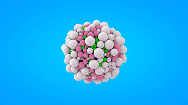 3D renderização de muitas bolas, pequenas esferas em torno de uma grande bola. Desenho abstrato, fundo de molécula futurista, objetos redondos, sobre fundo azul. A imagem para protetor de tela em seu desktop — Fotografia de Stock