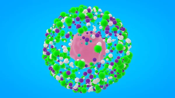 3D renderização de muitas bolas coloridas, pequenas esferas em torno de uma grande bola. Desenho abstrato, fundo de molécula futurista, objetos redondos, sobre fundo azul. A imagem para protetor de tela em seu desktop — Fotografia de Stock