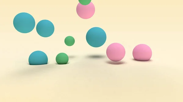 3d renderelés sok színes golyók különböző méretű egy bézs felületen és a tér felett a fél-felület. Absztrakt háttér, futurisztikus design, asztali kép, absztrakt kompozíciók. — Stock Fotó