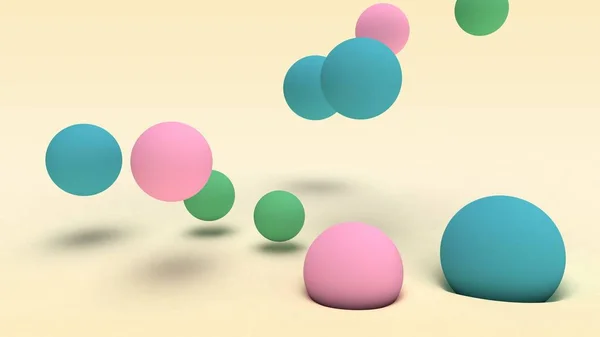 Rendu 3D de nombreuses boules colorées de différentes tailles sur une surface beige et dans l'espace au-dessus de la demi-surface. Fond abstrait, design futuriste, image de bureau, compositions abstraites . — Photo