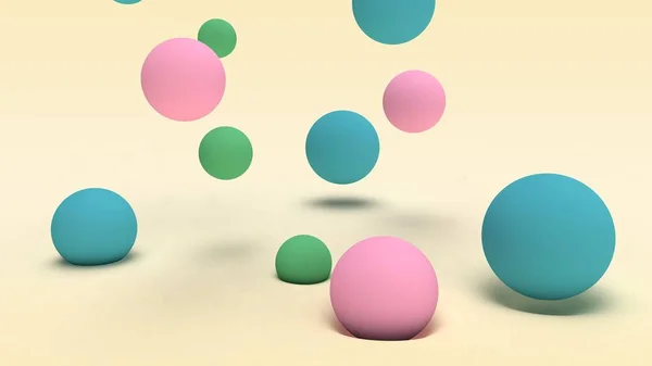 3D-återgivning av många färgade bollar av olika storlekar på en beige yta och i utrymmet ovanför halvytan. Abstrakt bakgrund, futuristisk design, skrivbordsbild, abstrakta kompositioner. — Stockfoto