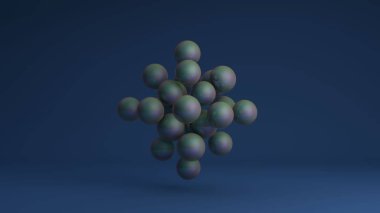Katı geometrik sırayla dizilmiş mavi arkaplandaki bir dizi benzin topunun 3 boyutlu görüntüsü. Kristal atomik kafes fikri. Soyut arkaplanın 3d görüntülenmesi.