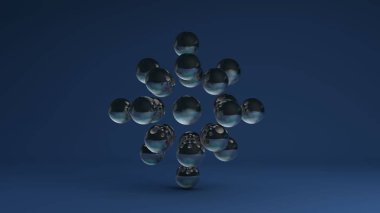 Katı geometrik sırayla dizilmiş mavi arkaplandaki üç boyutlu cam topların görüntüsü. Kristal atomik kafes fikri. Soyut arkaplanın 3d görüntülenmesi.