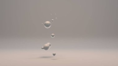 Beyaz arkaplanda 3 boyutlu inci damlaları. Uzayda beyaz sıvı damlaları ve ağırlıksızlık birbirleriyle birleşir. Soyut, geleceksel tasarım beyaz arkaplanda izole edildi.