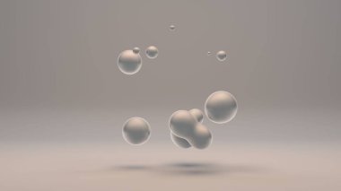 Beyaz arkaplanda 3 boyutlu inci damlaları. Uzayda beyaz sıvı damlaları ve ağırlıksızlık birbirleriyle birleşir. Soyut, geleceksel tasarım beyaz arkaplanda izole edildi.